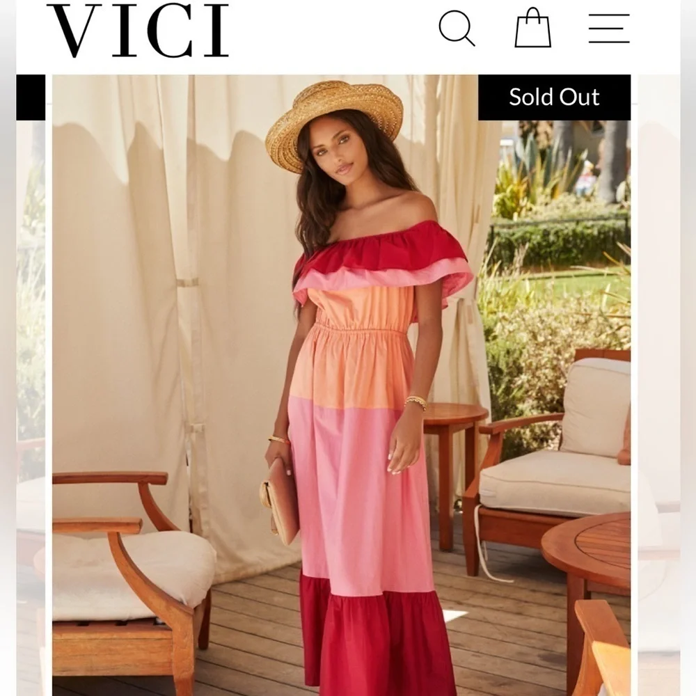 English Factory Pink, Orange, Red Off the Shoulder Maxi Dress